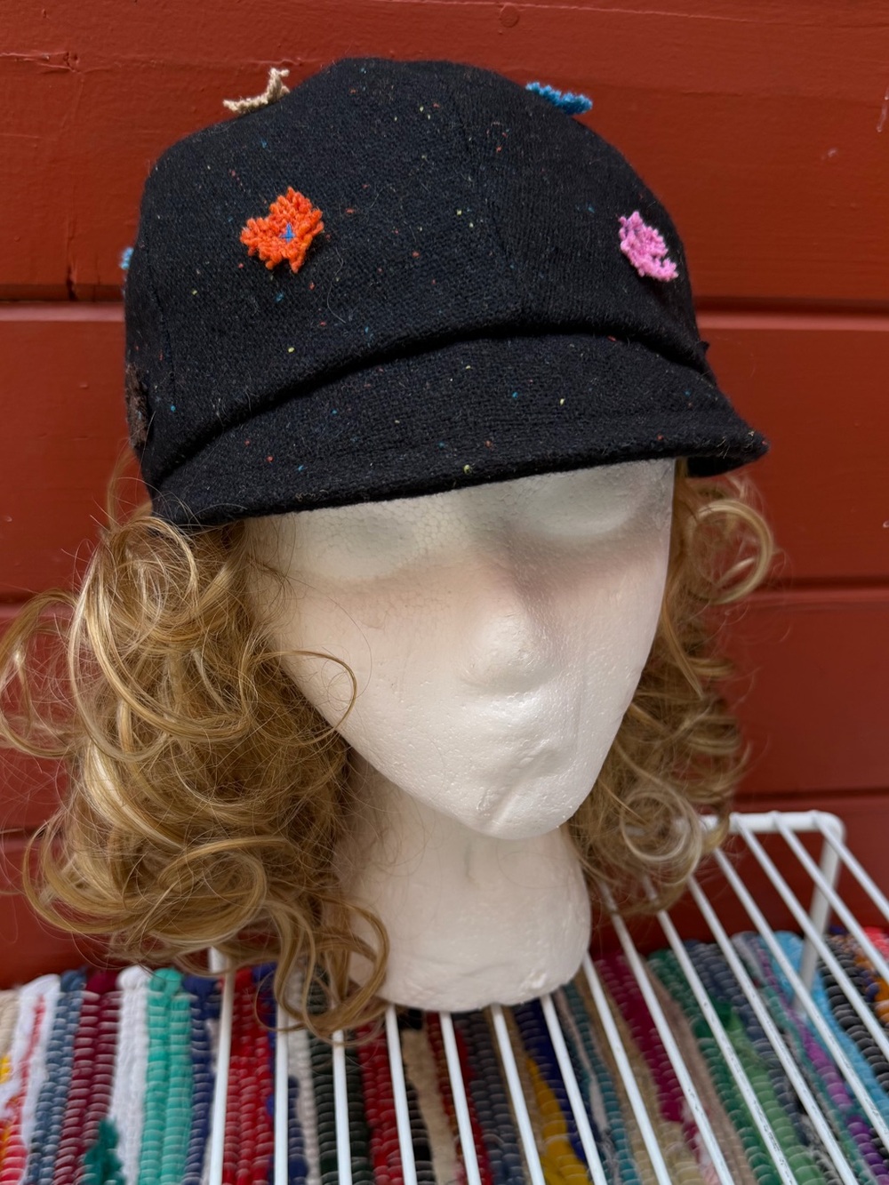 Urban Outfitters Black Tweed Newsboy Bucket Hat with colorful Flowers OS